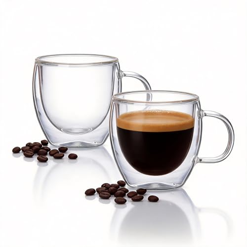 Double Wall Insulated Espresso Shot Cups Set of 2 - Clear Borosilicate Glass Demitasse Mugs with Handles