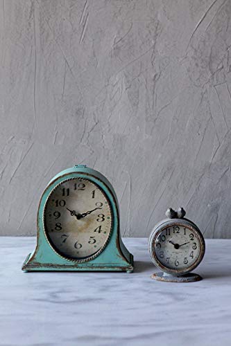 Distressed Aqua Blue Metal Mantel Clock with Wooden Base, 8.5-inch