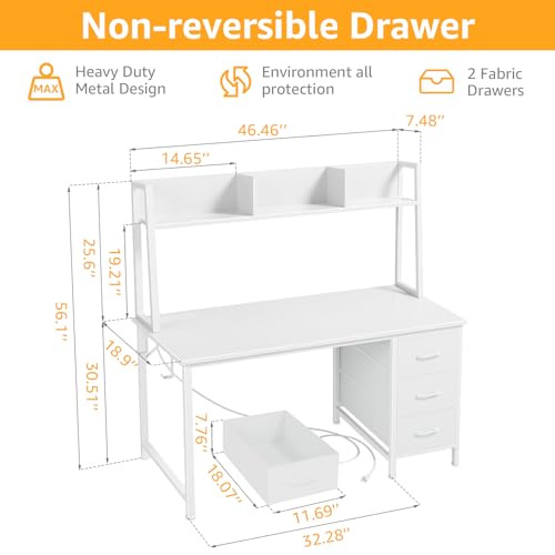 47-Inch Computer Desk with Hutch, 3 Drawers, and Power Outlets
