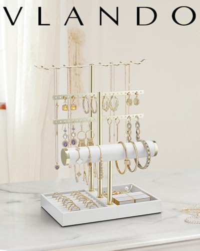 3-Tier Jewelry Stand Organizer with Tray, White Leather Display Holder