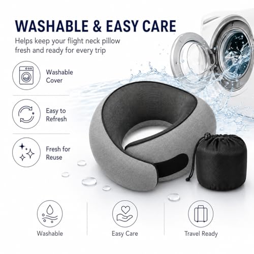 Memory Foam Travel Neck Pillow with Chin Support & Washable Cover
