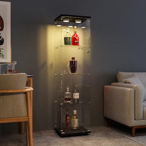 4-Tier Glass Display Cabinet with LED Lights and Tempered Glass Doors