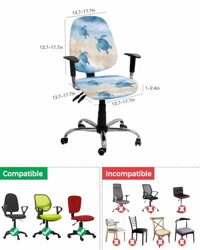 Stretchable Blue Coastal Turtle Office Chair Cover Set