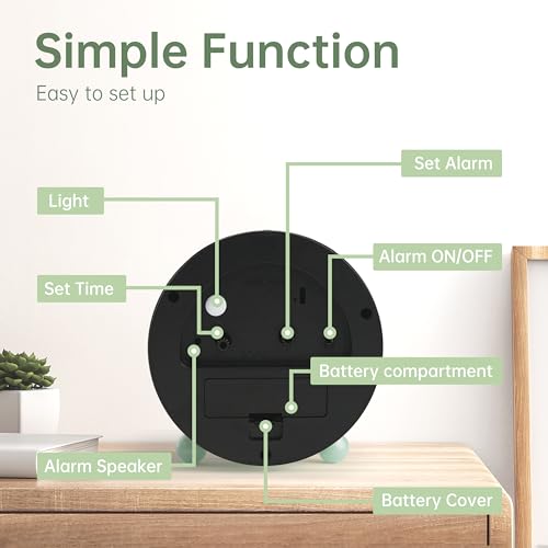 4-Inch Silent Analog Alarm Clock with Night Light, Battery Powered (Green)