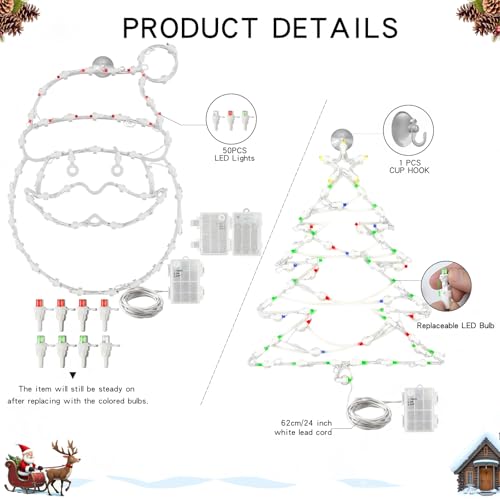 SUPHONOR 16" Christmas Window Silhouette LED Lights Pack (2) Santa Head & Christmas Tree Battery-Powered