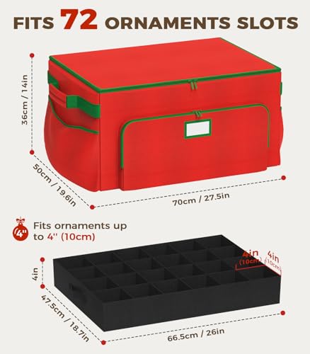 Large Christmas Ornament Storage Box with 72 Compartments, Durable 600D Fabric, Portable with Pockets