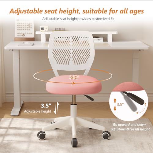 Pink Small Armless Swivel Office Desk Chair - Breathable Mesh, Adjustable Height