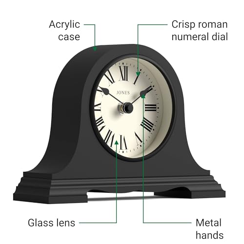 Small Mantel Clock, Traditional Napoleon Hat Design, Black, Roman Numerals