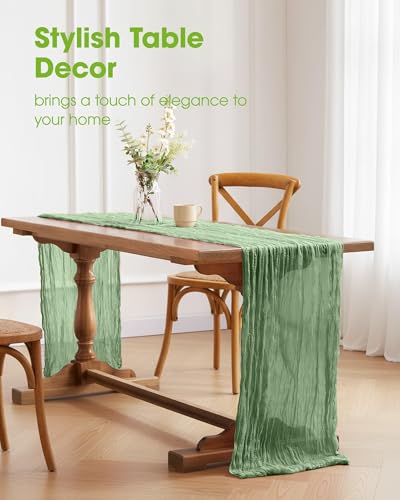 Pureegg 12 Pack Sage Green Cheesecloth Table Runner 120 Inch for Wedding Party and Events