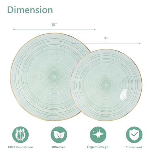 Fabulous Party 100PCS Green Plastic Plates with Gold Rim - Green Wave Variation