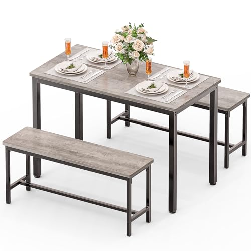 3-Piece Dining Table Set for 4 with 2 Storage Benches, Grey Industrial
