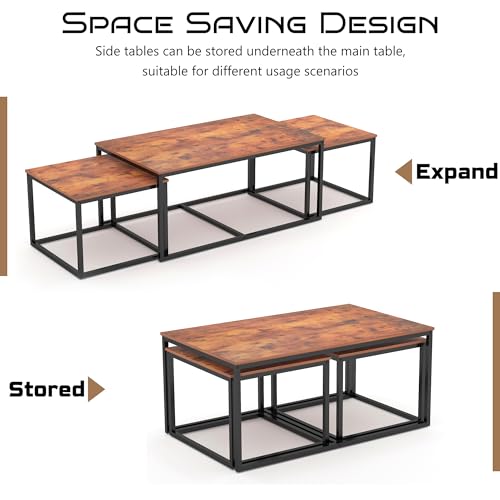 3-Piece Industrial Nesting Coffee Table Set, Space-Saving Wood Side Tables
