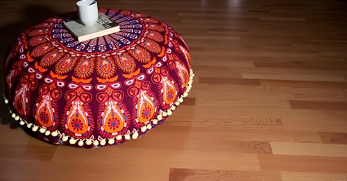 32-Inch Round Bohemian Floor Pillow Cover, Boho Mandala Cotton Cushion Case