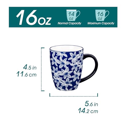 Vancasso Selene 16 Oz Blue Floral Coffee Mug Set of 6 - Large Porcelain Tea & Coffee Cups with Handle, Dishwasher & Microwave Safe