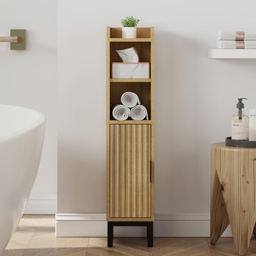 FerniTry Oak 4-Tier Narrow Corner Bathroom Storage Cabinet - Floor Toilet Paper Organizer
