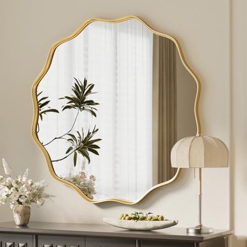 30-Inch Gold Scalloped Round Wall Mirror, Wavy Edge Decorative Metal Mirror