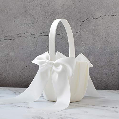 Ivory Satin Flower Girl Baskets - 2 Piece Wedding Ceremony Set with Bows