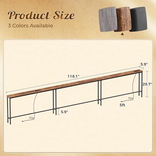 118-Inch Extra-Long Sofa Table with Power Outlets, Narrow Console Table