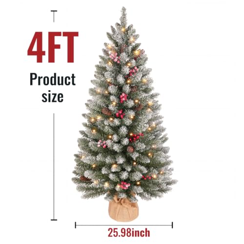 4ft Pre-Lit Snow Flocked Christmas Tree with Berries & Pinecones - Warm LED Lights Timer