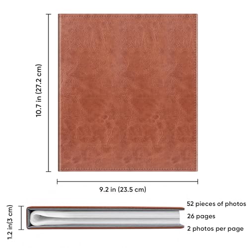 8x10 Photo Album, 52-Pocket Vegan Leather Memory Book, Vintage Brown