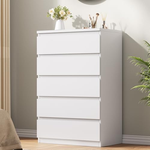 Jocoevol White 5-Drawer Bedroom Dresser - Modern Wood Storage Chest