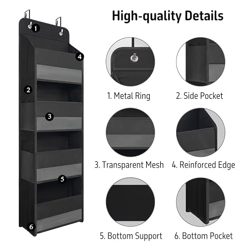 Over the Door Organizer with 4 Large Clear Pockets - Black Hanging Storage