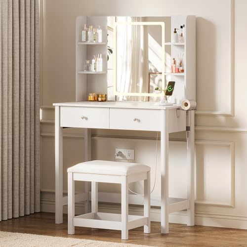 Small Vanity Desk with LED Mirror, 3-Color Lighting, Power Outlet & Stool