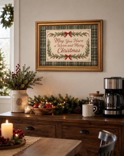 Gold Framed Christmas Wall Art Plaid Quote Canvas Print 12 x 16 in – May You Have a Warm and Merry Christmas (Plaid Quote / 16" L x 12" W)