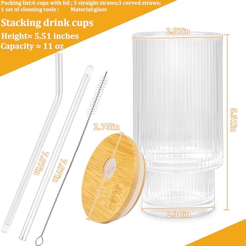8-Piece Ribbed Glass Cup Set with Bamboo Lids and Straws, 11oz Stackable