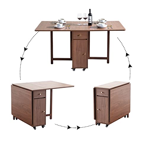 Drop Leaf Folding Dining Table with Storage and Wheels, Walnut