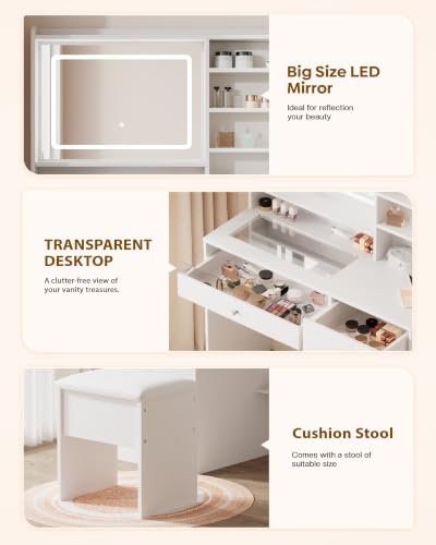 39.4-Inch Vanity Desk with Glass Top, LED Mirror, Charging Station & Stool