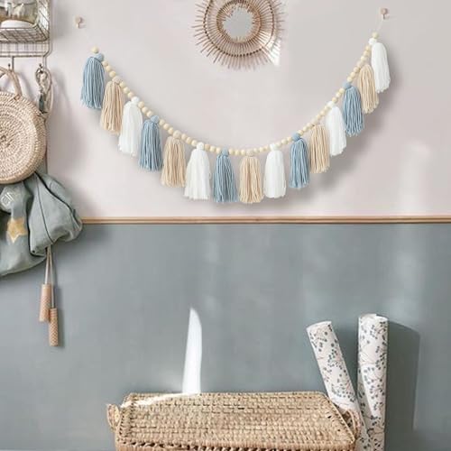 Boho Blue Tassel Garland with Wood Beads for Nursery and Home Decor