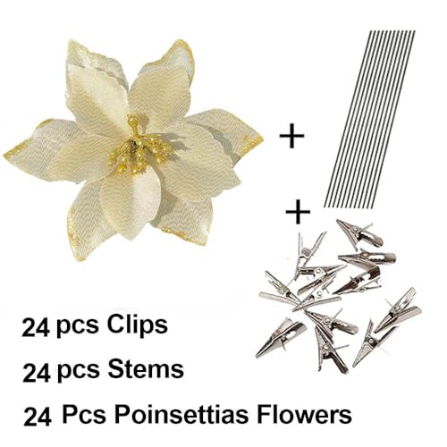 Bodosac 24Pcs Glitter Poinsettia Christmas Flowers with Clips 5in - Gold