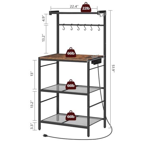 4-Tier Bakers Rack with Power Outlet, Kitchen Storage Shelf & 6 Hooks