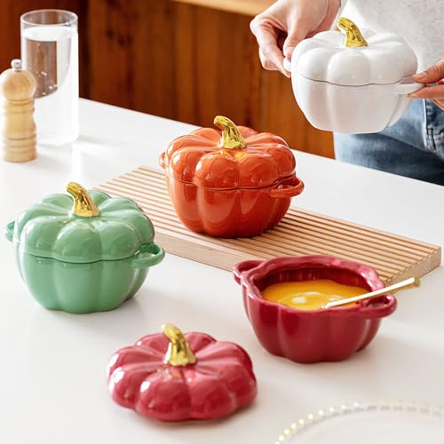 FYUEROPA Pumpkin Bowl Set with Lid & Handle, 4 Pcs Ceramic Ramekins 14 Oz Green