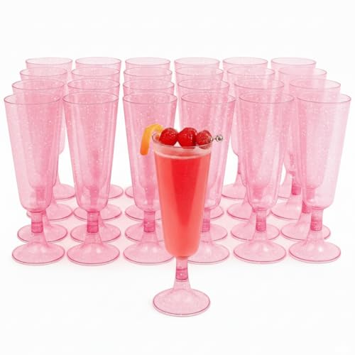 MATANA 50 Pack Pink Glitter Plastic Champagne Flutes 5 oz Disposable & Reusable