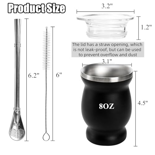 Yerba Mate Cup & Bombilla Kit - Insulated Stainless Steel Gourd with Spill-Proof Lid & Cleaning Brush, 8 oz