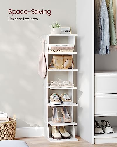 7-Tier Vertical Shoe Rack, Narrow Slim Storage Organizer with Hooks