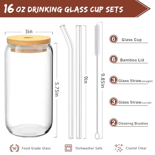 16 oz Glass Can Cups with Bamboo Lids and Glass Straws - 8 Piece Set