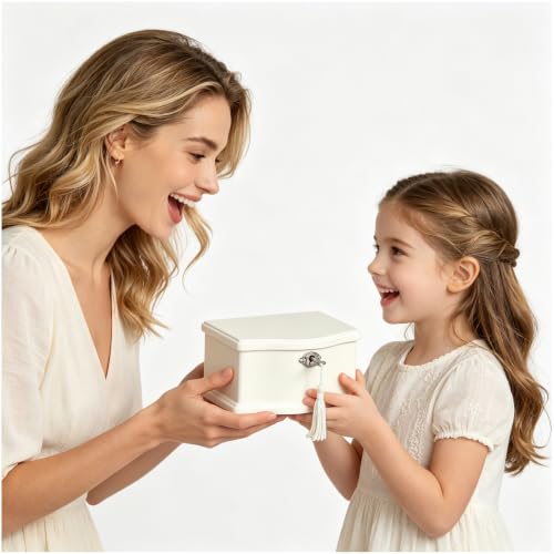 White Wooden Ballerina Musical Jewelry Box with Mirror and Lock