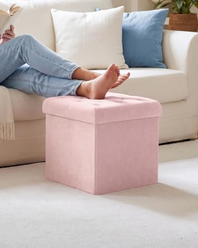 Velvet Tufted Storage Ottoman Cube - Foldable Footstool with Padded Lid