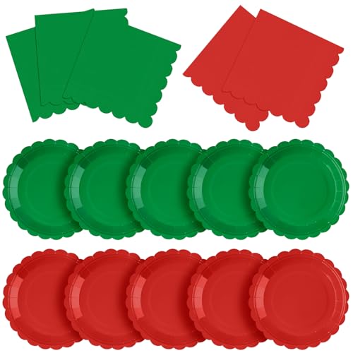 Tiangrid 240Pcs Red & Green Christmas Dinnerware Set - 120 Plates + 120 Napkins, 7in | Red Green Variation