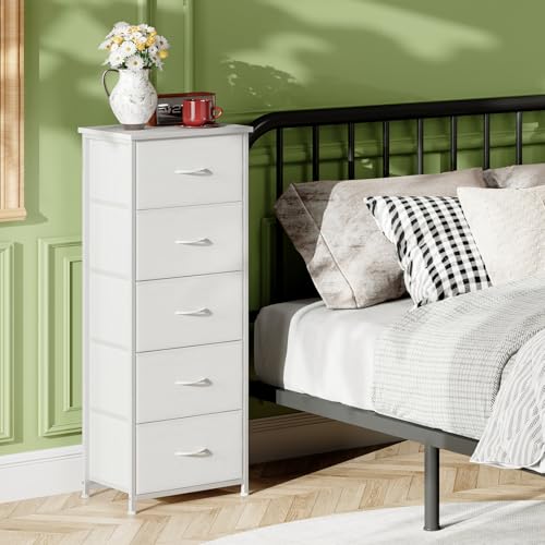 5-Drawer Tall Fabric Dresser Storage Cabinet with Wood Top - White