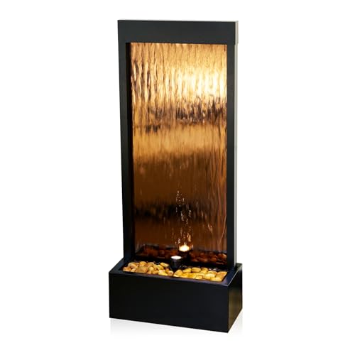 48-Inch Wall Mounted Mirror Waterfall Fountain with LED Lights and Stones
