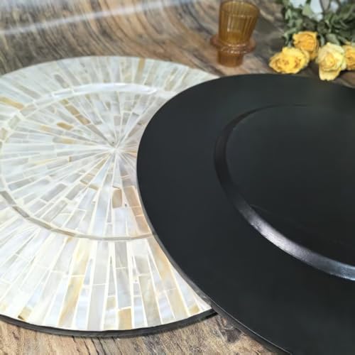 Champagne White 4-Piece Wooden Mother of Pearl Charger Plates Set - Radiating Gold Inlay, Artisanal Round Placemats for Weddings & Holidays