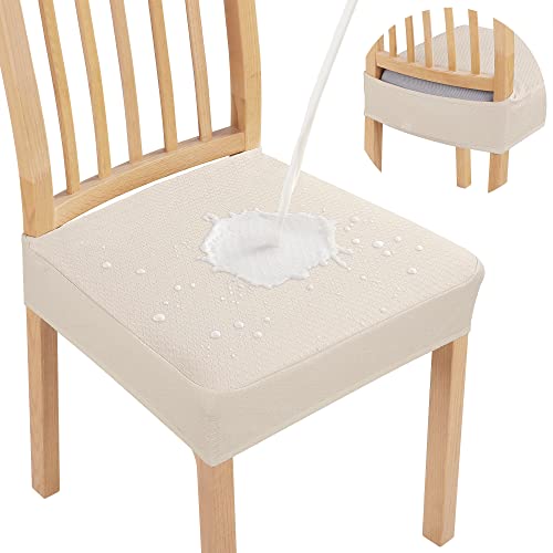 Waterproof Dining Chair Seat Covers - Stretch Jacquard, Set of 4 (Beige)