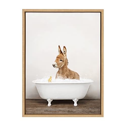 Kate and Laurel Sylvie Baby Donkey in Rustic Bath Framed Canvas Wall Art by Amy Peterson Art Studio; 18x24 Natural; Modern Fun Decorative Bathtub Wall Art for Home Décor