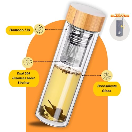 15oz Double Wall Glass Water Bottle with Bamboo Lid & Tea Infuser - Insulated, Leak-Proof Travel Mug