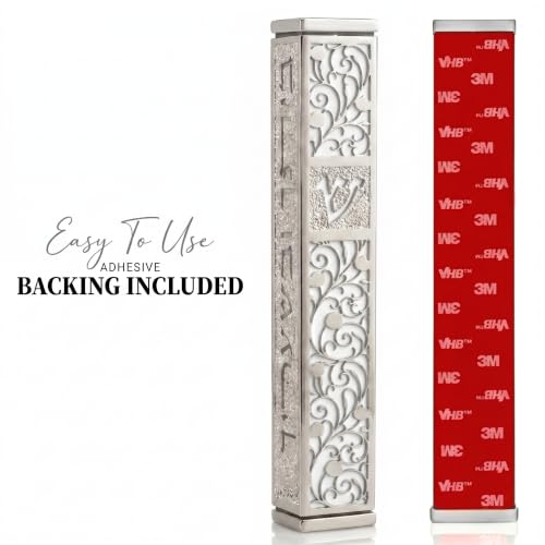 6-Inch Silver and White Mezuzah Case with Scroll and Adhesive Mount