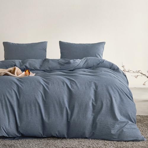 100% Washed Cotton Queen Duvet Cover Set - 3-Piece Bedding, Denim Blue